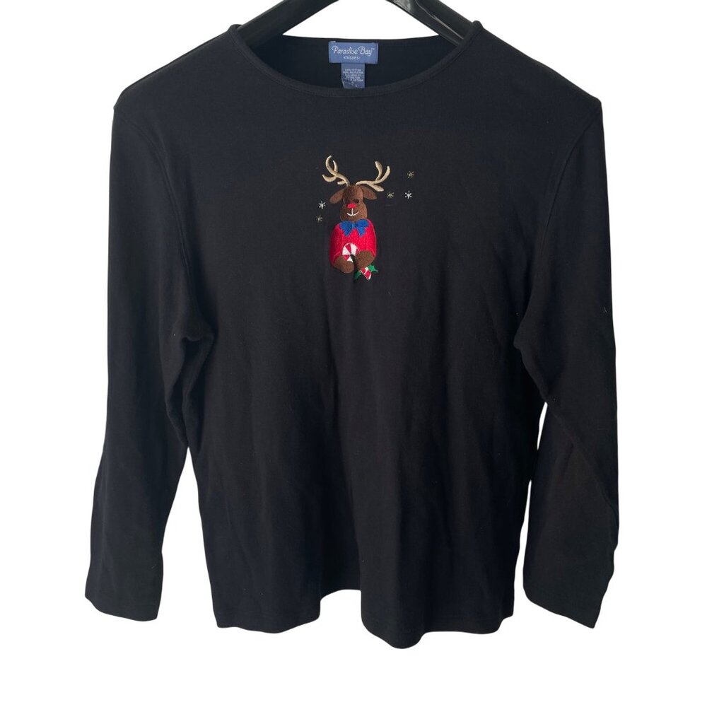 Vintage Embroidered Christmas Shirt Reindeer Women's Black Size XL Long Sleeves